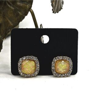 "5/$40" Peach Shimmer Faux Dichroic Goldtone Rhinestone Square Stud Earrings